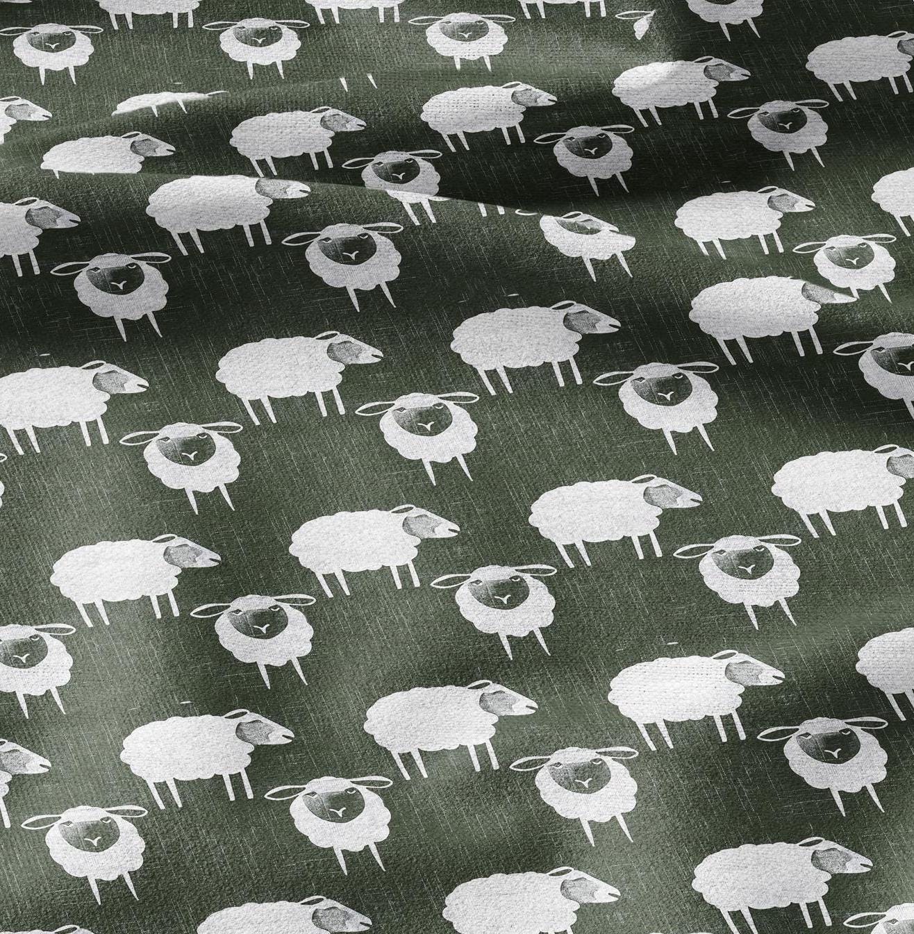 100% LINEN Fabric Sheep green white - white graphic fabric print - Scandinavian linen Modern Nursery fabric
