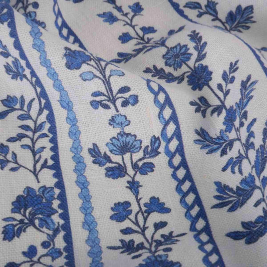 100% LINEN Fabric block print indigo blue white floral - scandinavian botanical fabric with floral print, indian block print on linen linen - 369