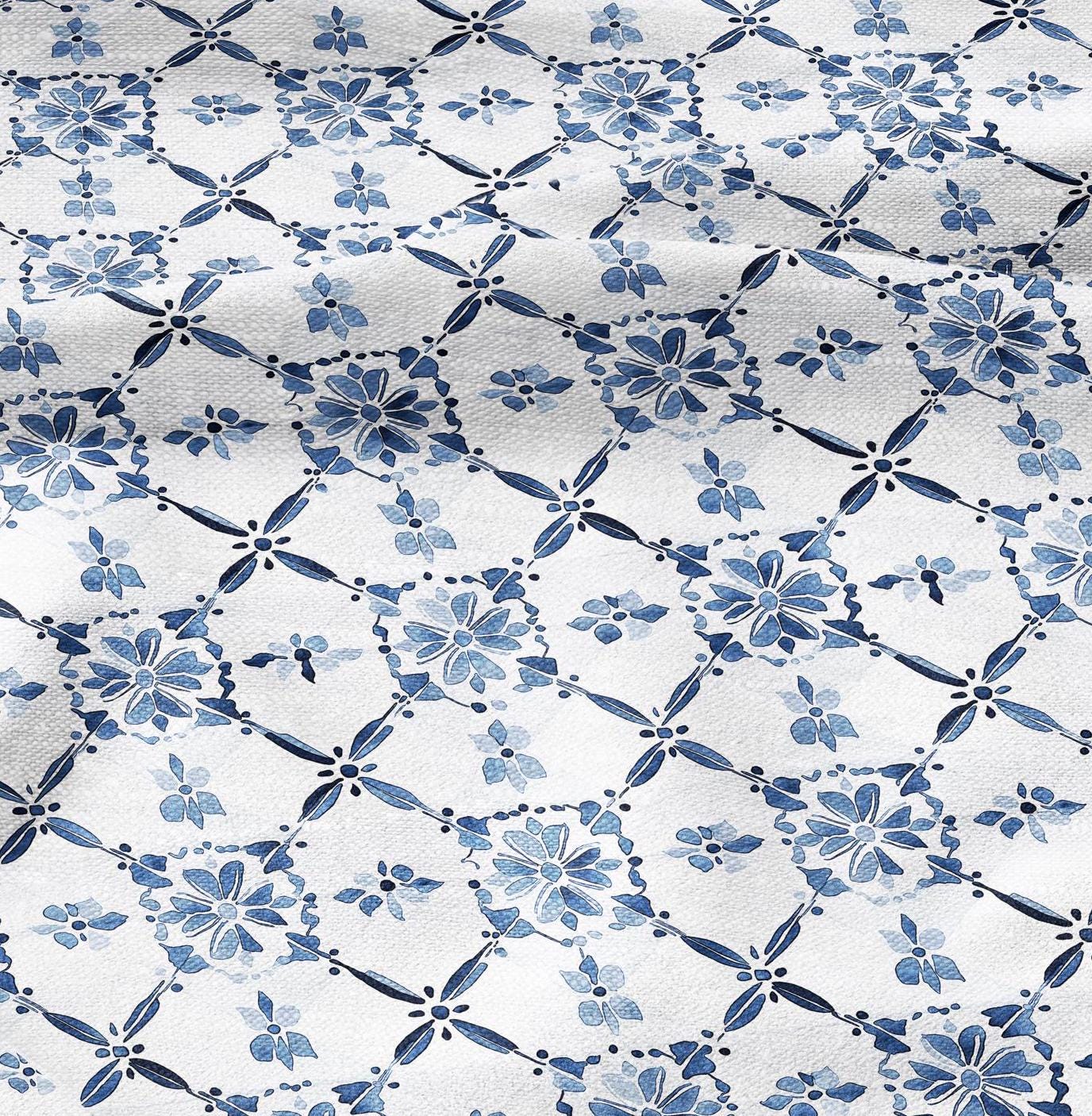 100% LINEN Fabric block print indigo blue white Swedish tile - scandinavian fabric with floral print - block print on linen
