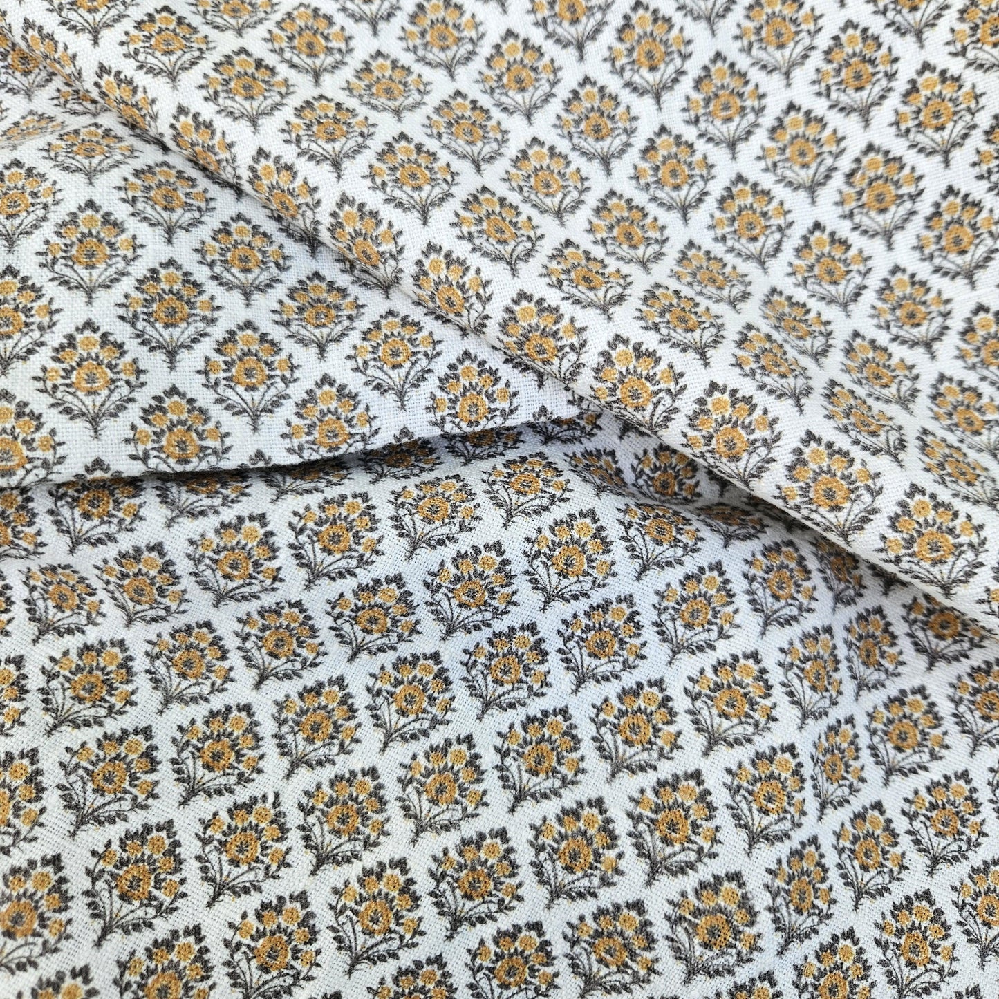 100% LINEN Fabric block print mustard brown yellow on white - heavy linen fabric upholstery home decor or medium for clothing 2513 Vadodara