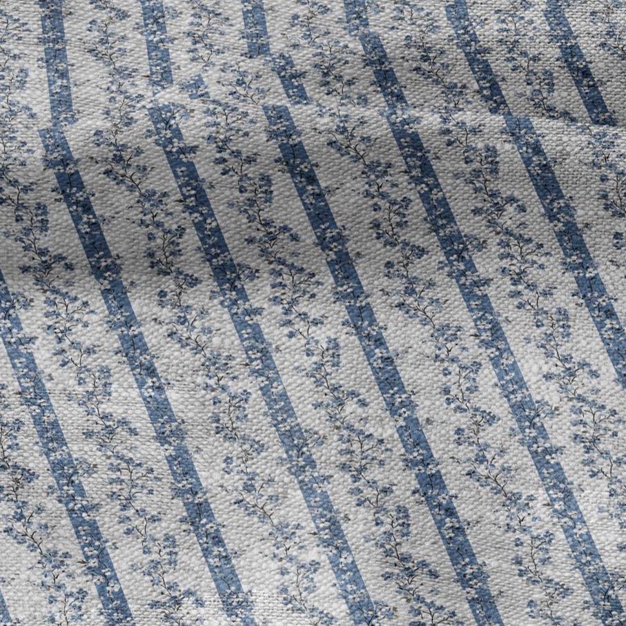 100% LINEN Fabric floral stripe block print on oatmeal linen - blue gray heavy fabric for upholstery - medium weight linen dress making 2502