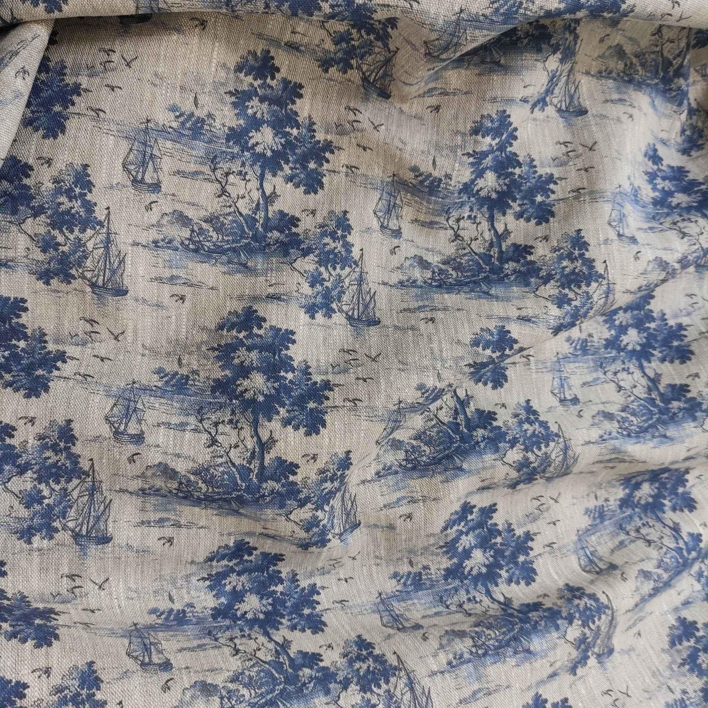 100% LINEN Fabric Toile de Jouy with ship and island print, oatmeal natur linen with blue indigo coastal print, linen fabric home decor