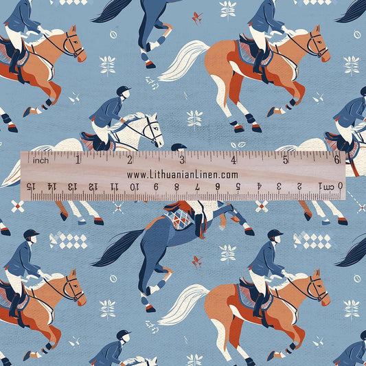 100% LINEN Fabric Ascot horse race linen -blue white red fabric for upholstery home decor dress making 3007