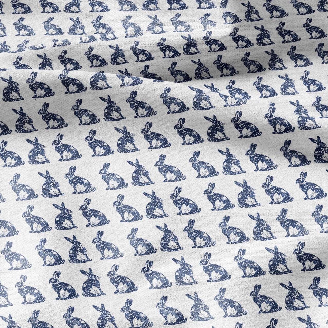 100% LINEN Fabric Rabbit indigo blue print - bunny linen fabric with blue coastal print for upholstery home decor 2427