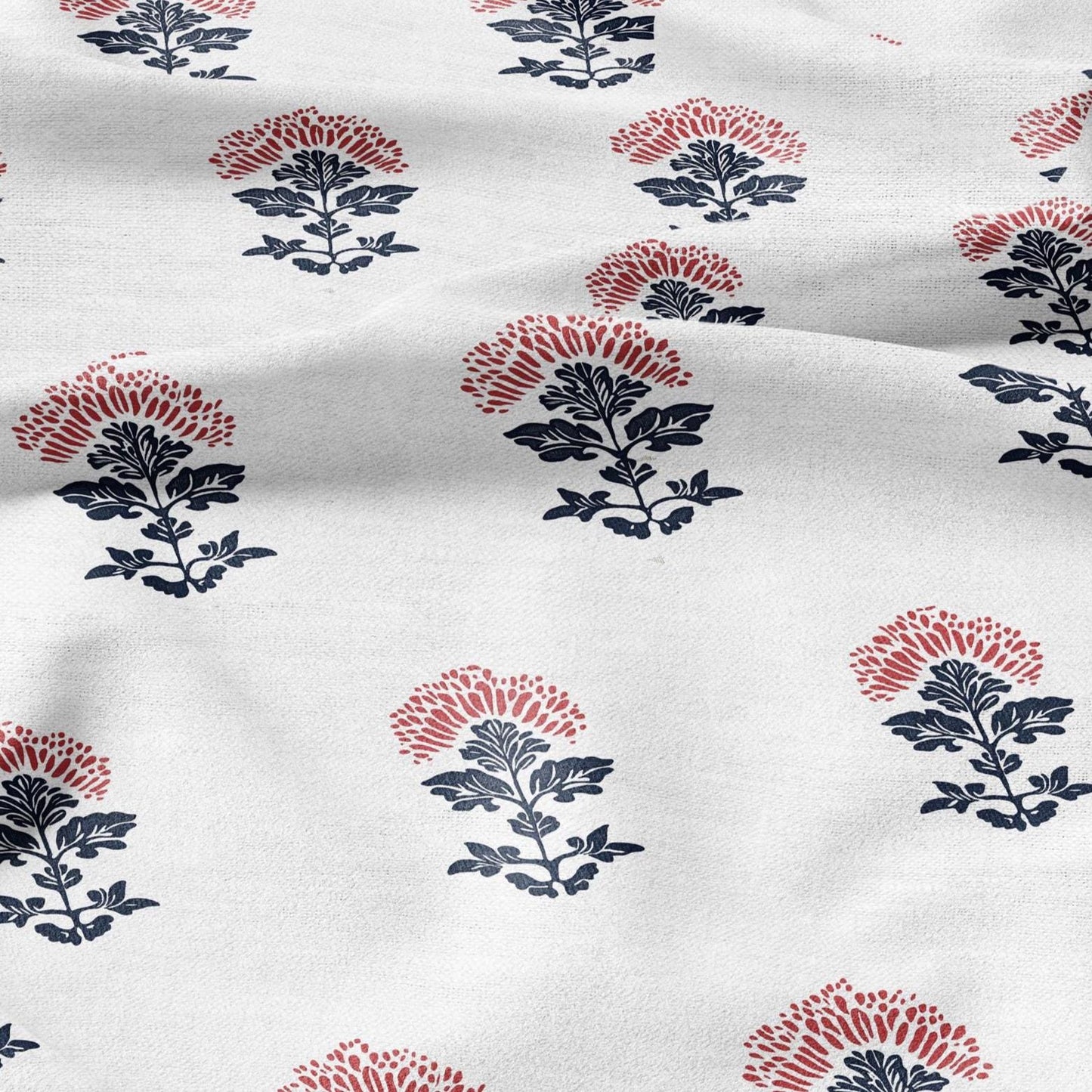 100% LINEN Fabric block print indigo blue red on white - linen fabric with floral print -heavy linen fabric for upholstery home decor