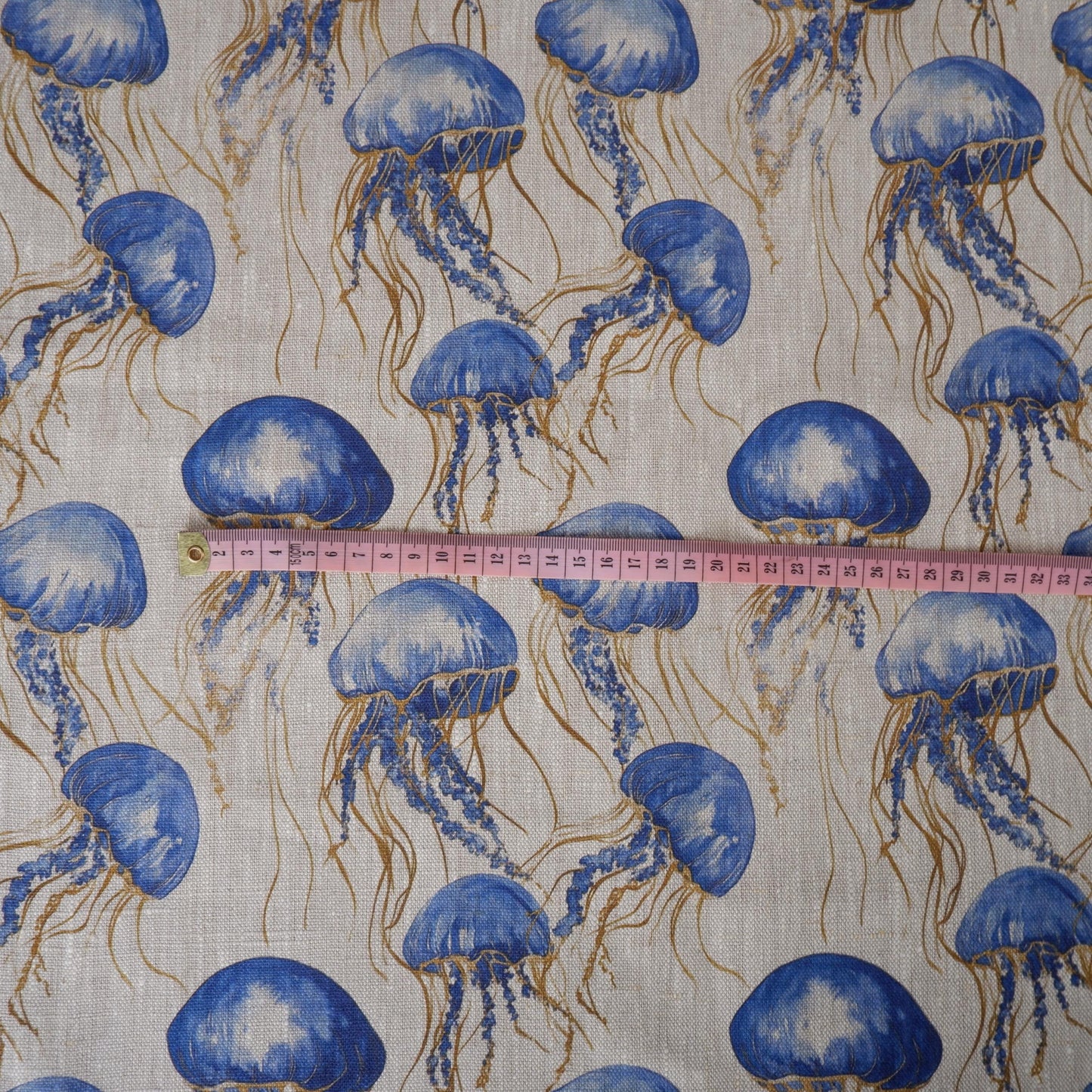 100% LINEN Fabric jellyfish Nautical print - oatmeal linen fabric with blue grey coastal print for upholstery home decor dressmaking