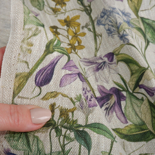 100% LINEN Fabric floral meadow blossom print - oatmeal neutral fabric with colorful print - linen fabric upholstery home decor dressmaking