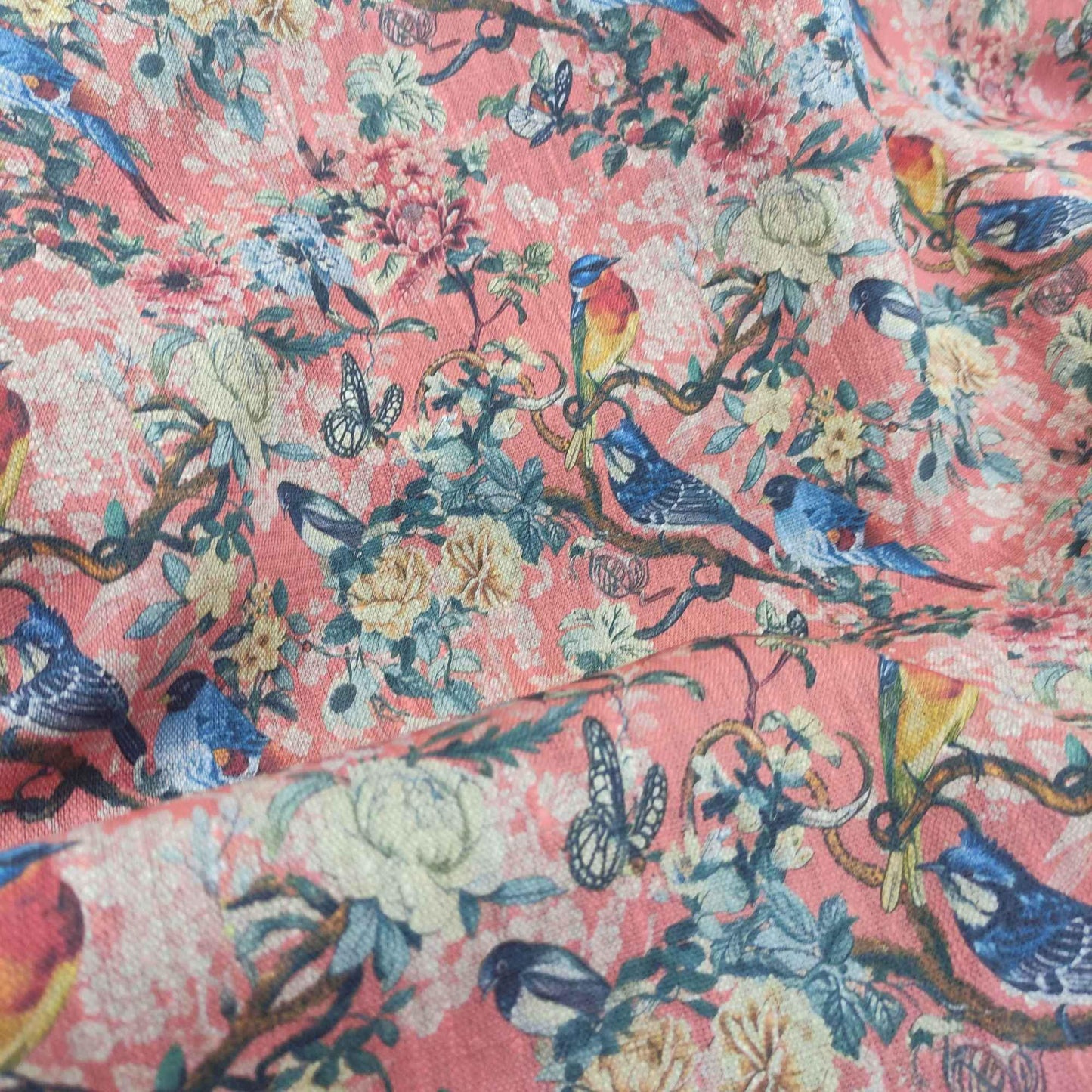 100% LINEN Fabric Toile de Jouy with flowers and birds, pink botanical print linen fabric for home decor upholstery