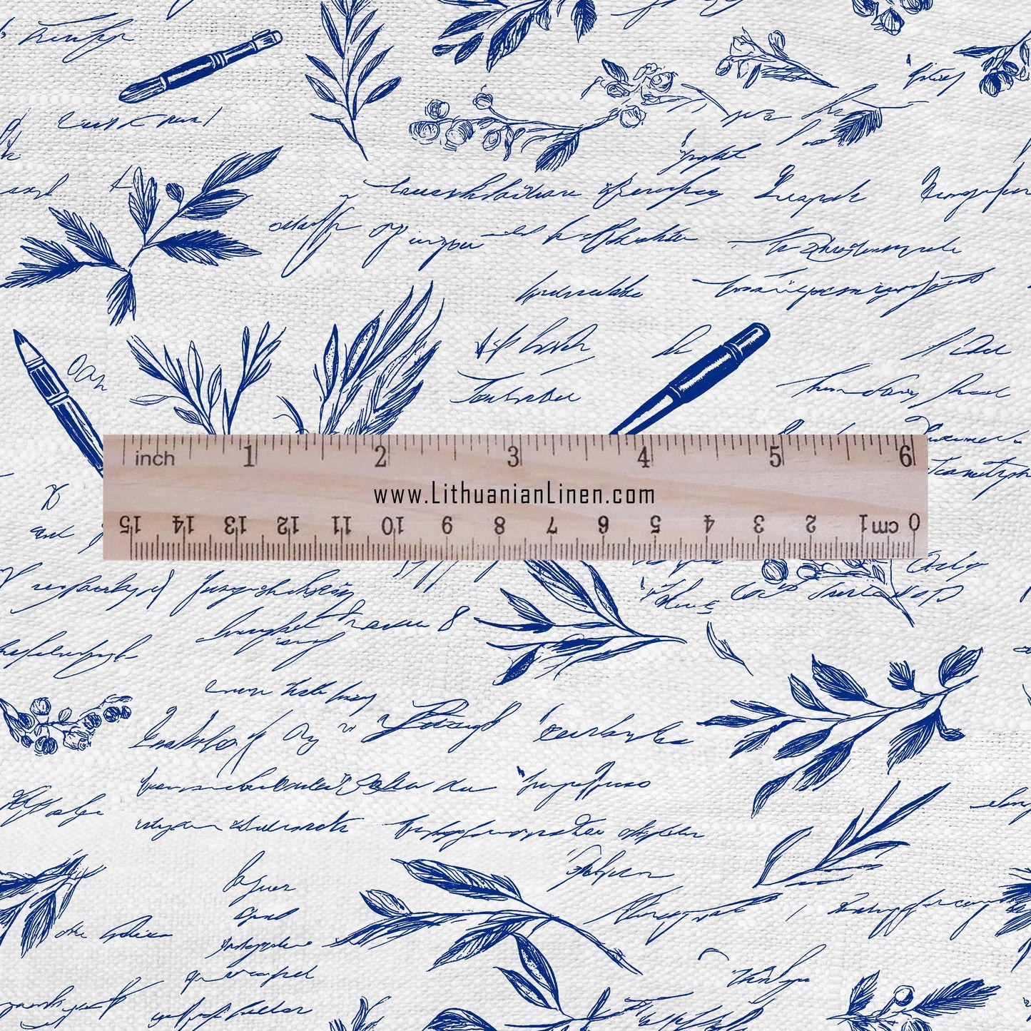 100% LINEN Fabric blue writting print on white linen - indigo blue letter fabric for uphlstery heavy / medium for clothing 2577