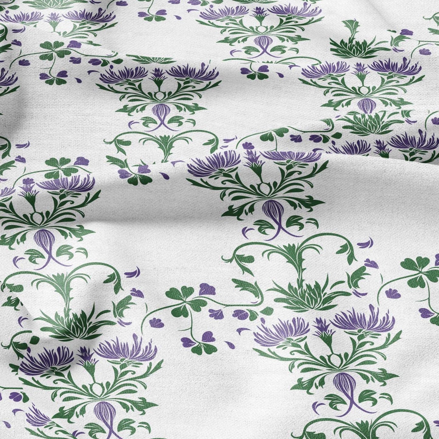 100% LINEN Fabric block print purple green white Thistle - Scandinavian floral print - heavy for upholstery medium for dressmaking 2004