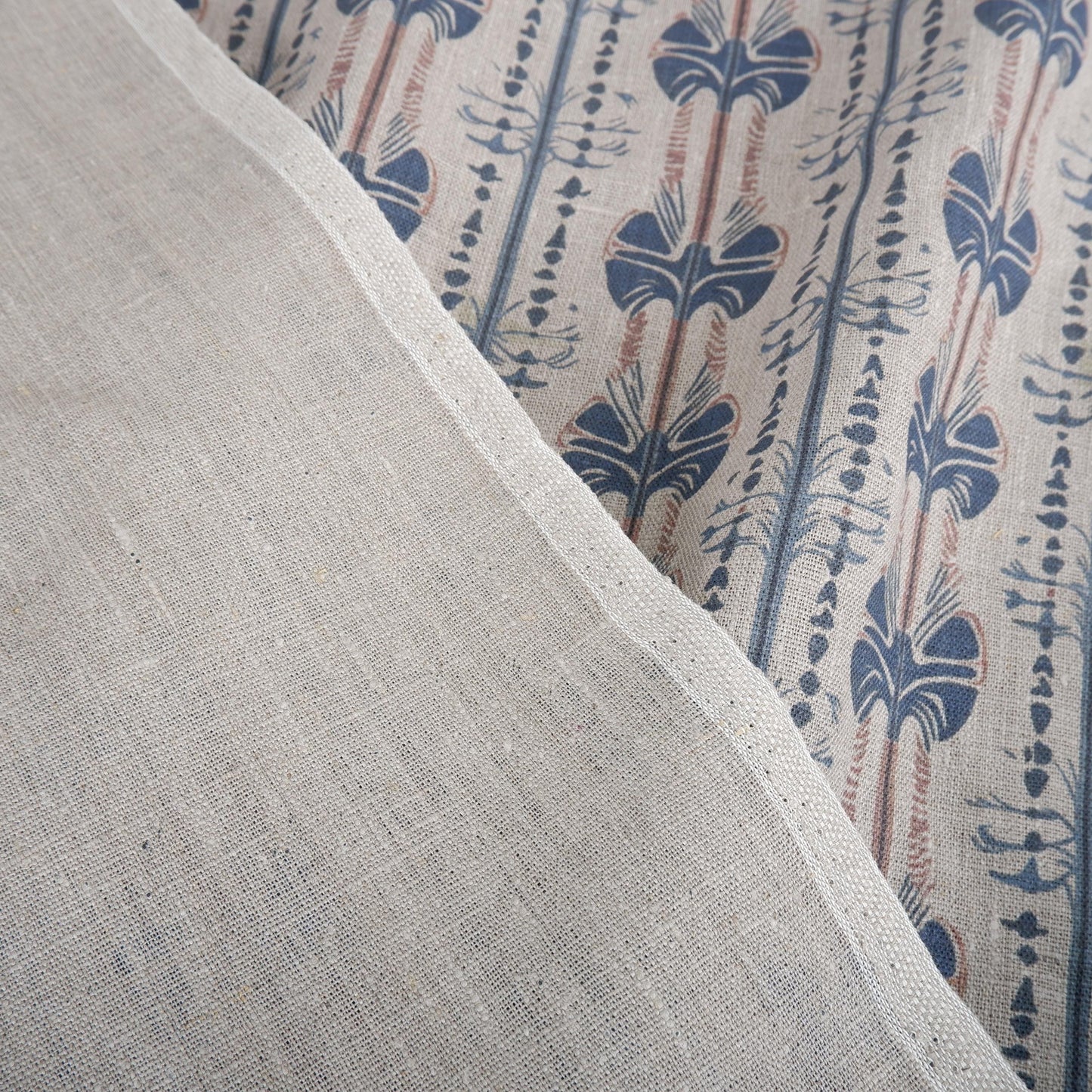 100% LINEN Fabric Stripe abstract blue block print on oatmeal natur linen, floral toile de jouy fabric, French linen floral upholstery 2237