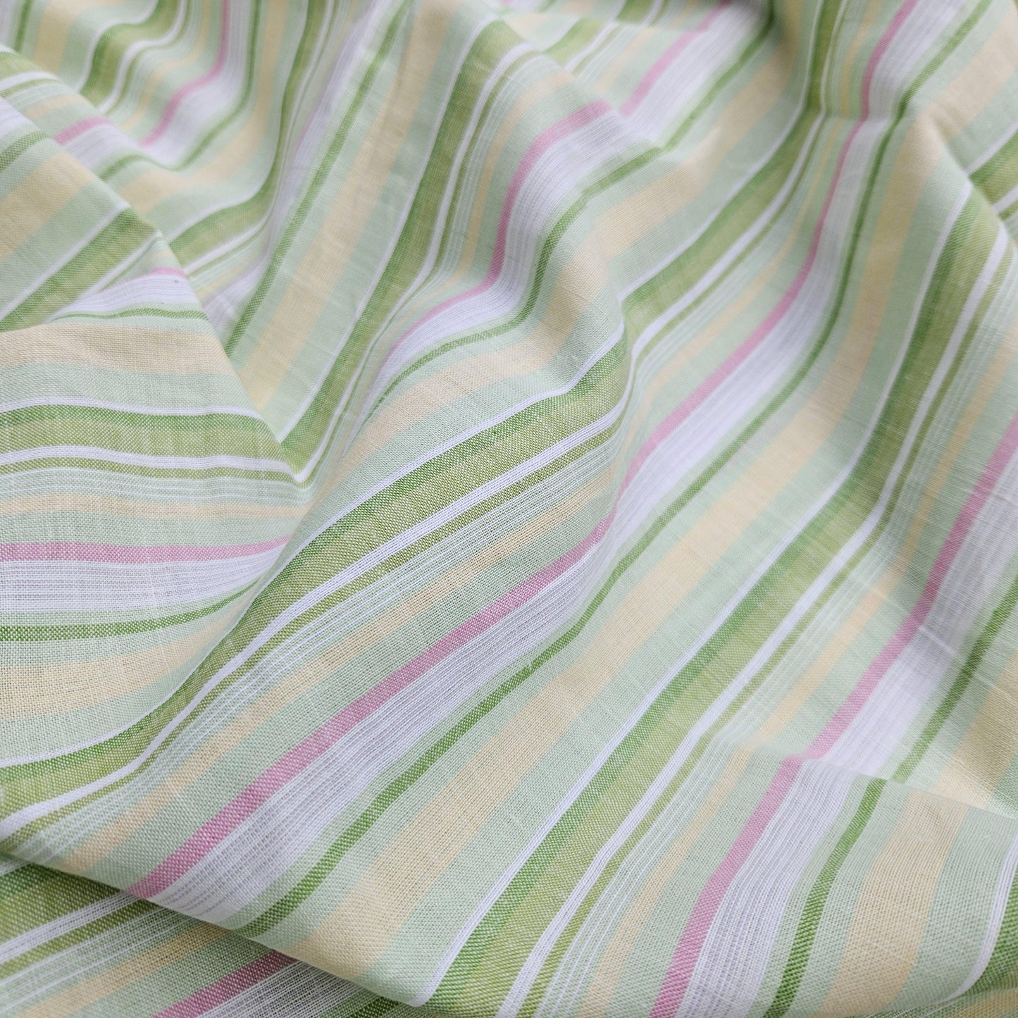 Premium Linen striped Fabric in pastel green white | Medium weight multicolor stripes Andalusia Stripe for clothing home textile