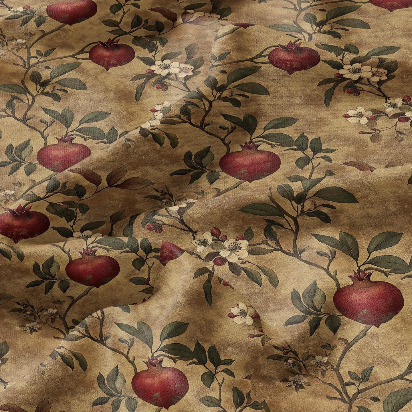 100% LINEN Fabric stripe Pomegranate blossom print linen - floral linen botanical fabric for upholstery home decor dress making