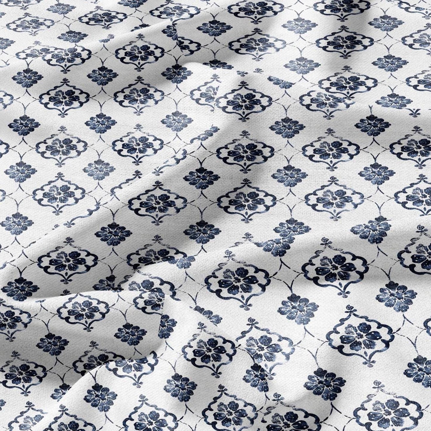 100% LINEN Fabric Greek blue flower print on white linen - Floral print flax fabric for uphlstery heavy / medium for clothing 2574