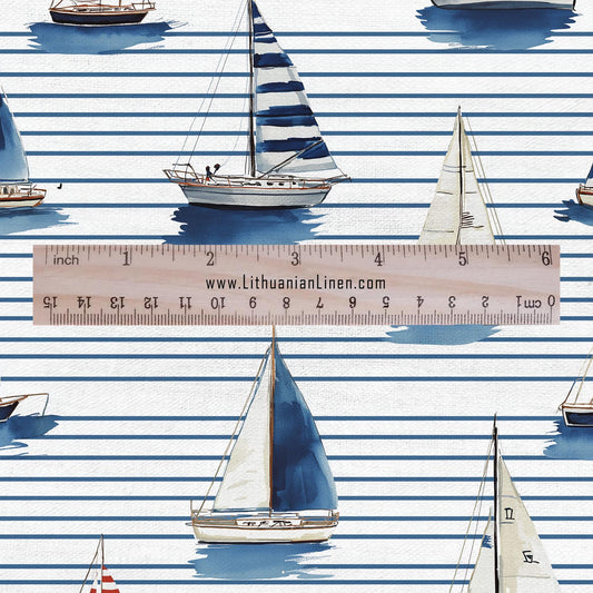 100% LINEN Fabric Ships in sea print linen - coastal fabric for upholstery home decor dress making 2888