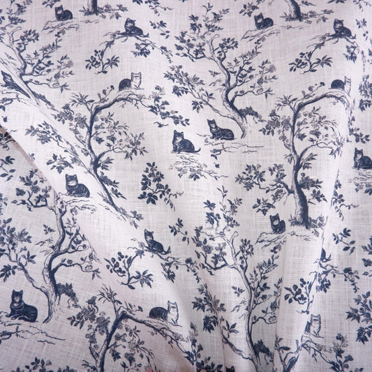 100% LINEN Fabric Toile de Jouy trees with cats - linen fabric with indigo blue print - French linen fabric upholstery dress making curtains