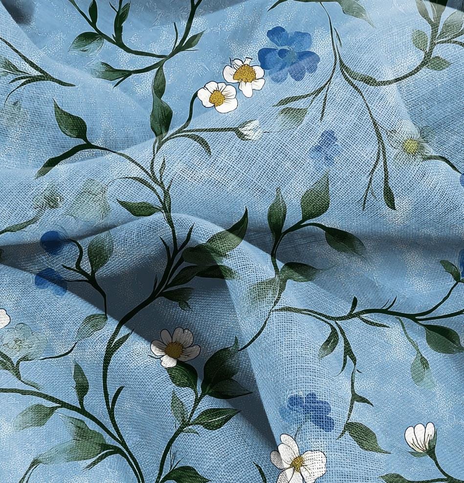 100% LINEN Fabric Floral blue print, linen fabric with blue botanical print, heavy linen fabric for upholstery home decor curtains cushions