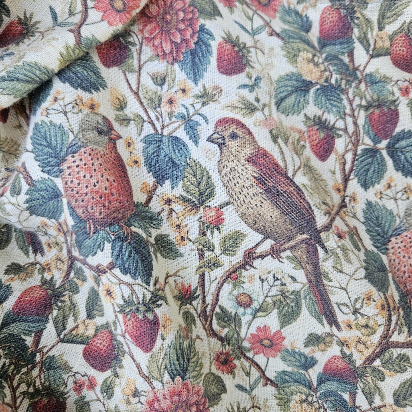 Birds in Strawberry field 100% LINEN Fabric, flax linen fabric Strawberry print on linen for home textile clothing curtains