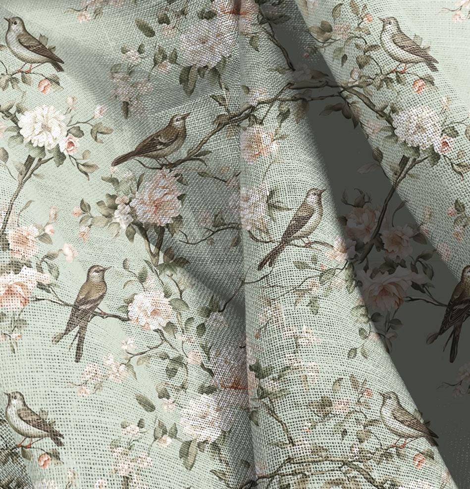 100% LINEN Fabric floral with birds print, heavy linen fabric with pale green print for upholstery home decor curtains pillowcases
