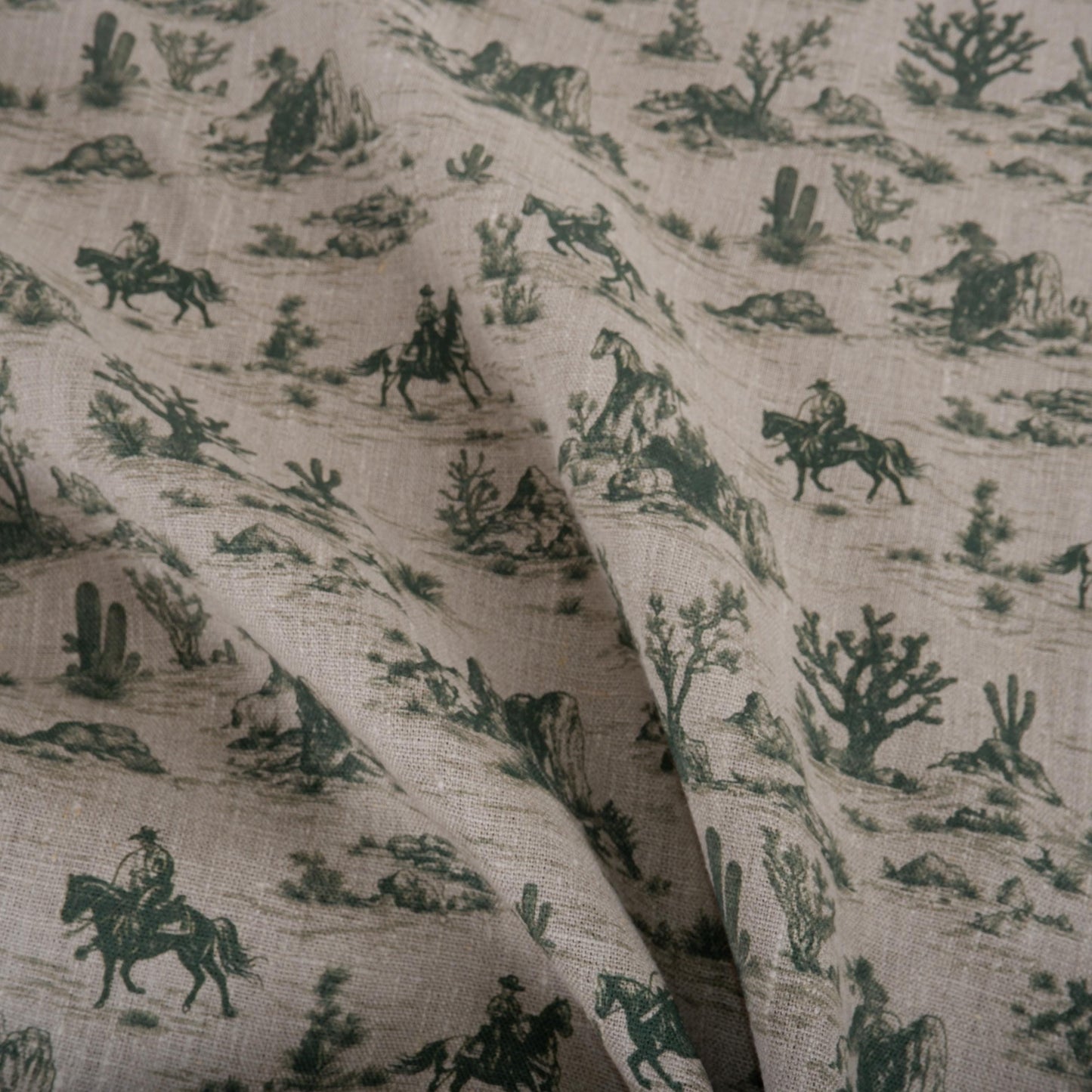 100% LINEN Fabric Toile de Jouy Cowboy in desert Countryside - oatmeal linen fabric with green print upholstery home decor curtains