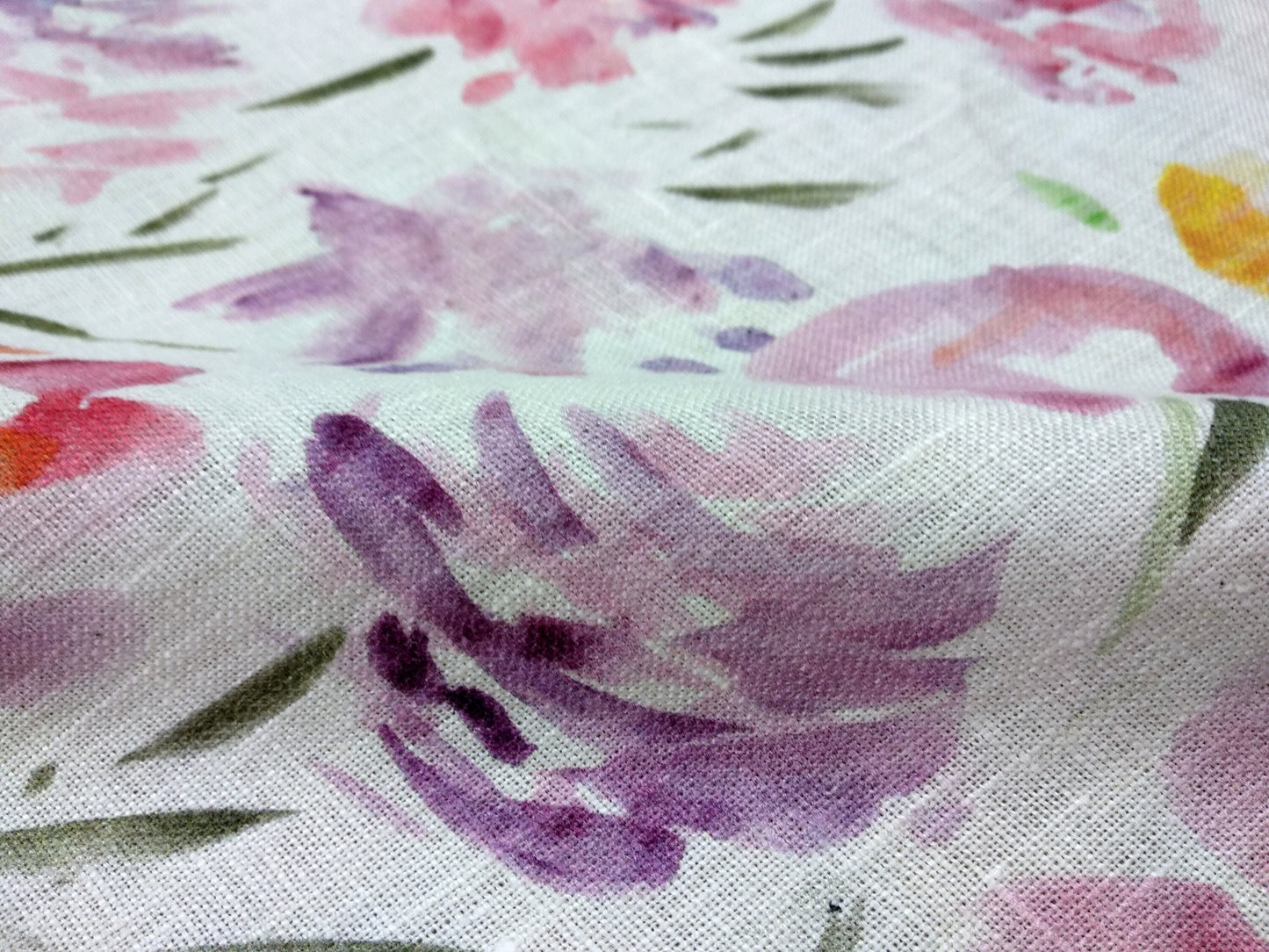 100% linen fabric Medium weight 150gsm Prewashed . Print watercolor flower . for blouses, dresses, curtains, scarves,