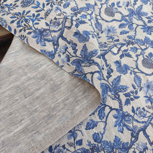 100% LINEN Fabric french blue block print on oatmeal natur linen, floral toile de jouy fabric, French linen floral upholstery 337
