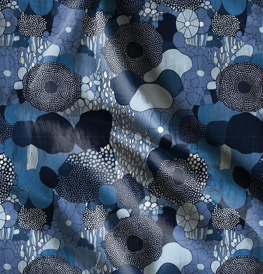 100% LINEN Fabric finnish Kalevala blue abstract print on linen, modern vintage floral linen fabric for upholstery or home decor