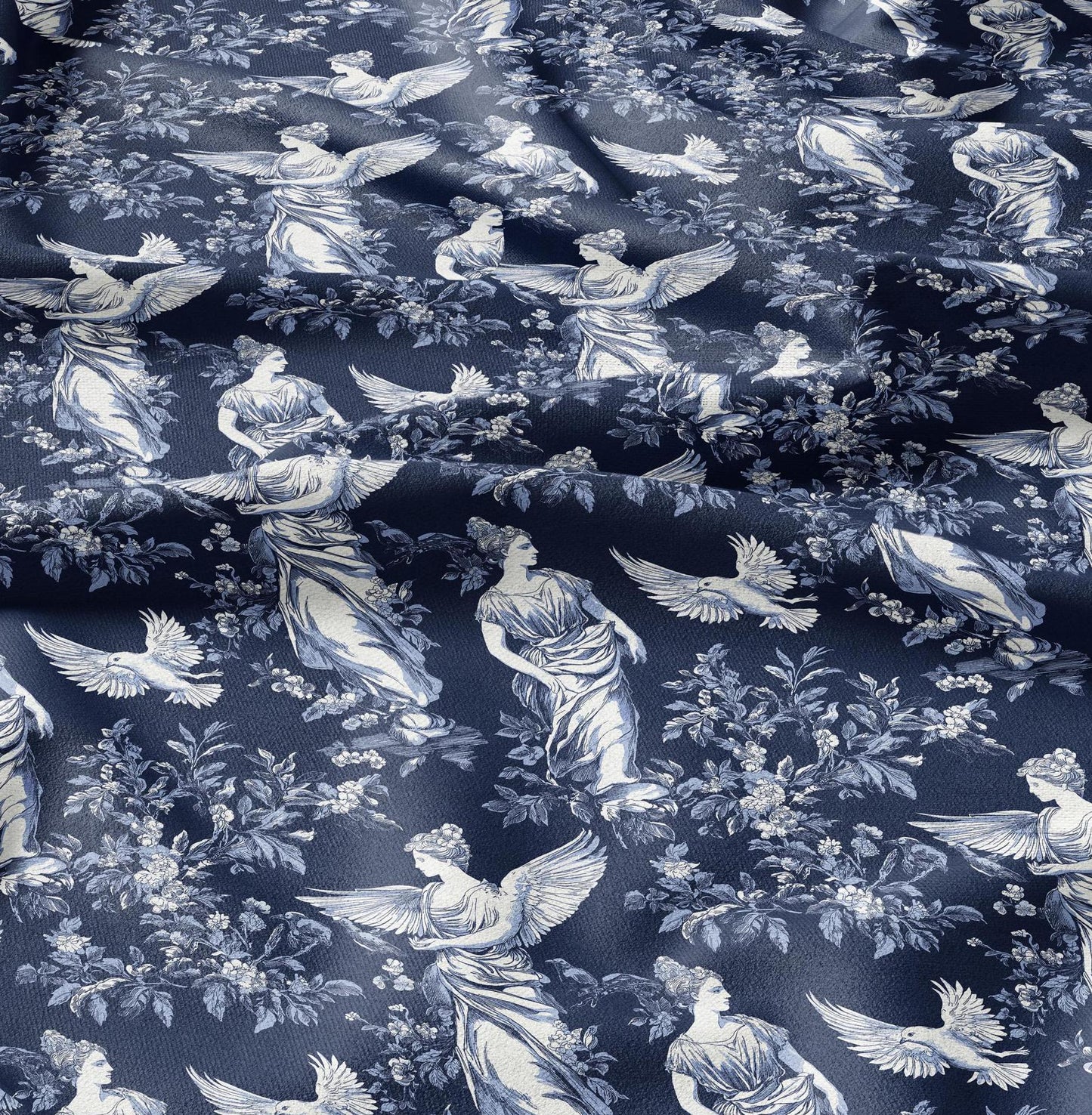 100% LINEN Fabric block print Greek Goddesses - white linen fabric with indigo blue print - heavy linen fabric for upholstery home decor