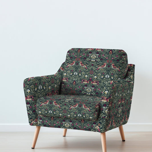 100% LINEN Fabric UPHOLSTERY 12oz - William Morris Birds colorful red green print on linen - Victorian art craft - floral upholstery 2115GP