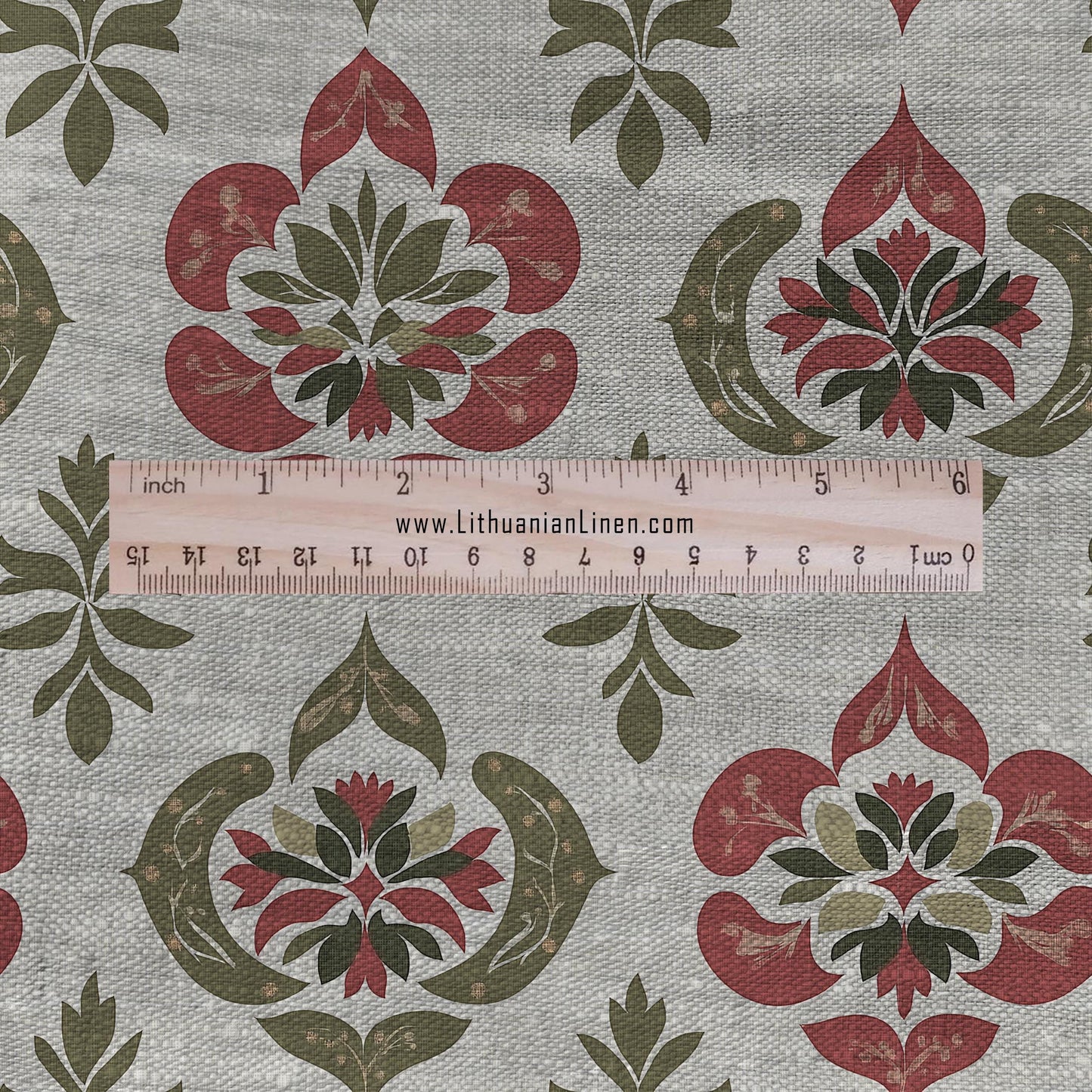 100% LINEN Fabric hand block print flowers - oatmeal linen fabric with red green print - fabric for home decor upholstery