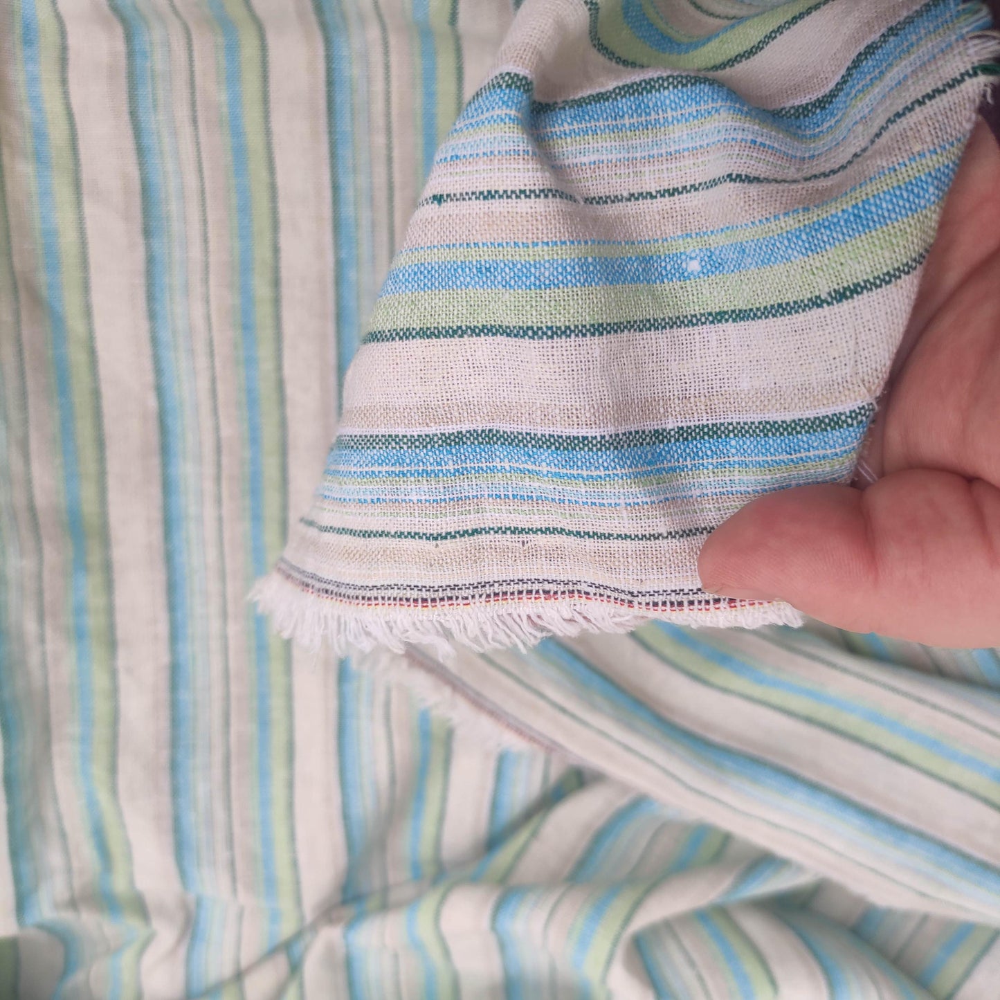 Premium Linen Fabric Santorini striped green | Midweight multicolor stripes green white | fabric for home textile curtains tablecloth T155