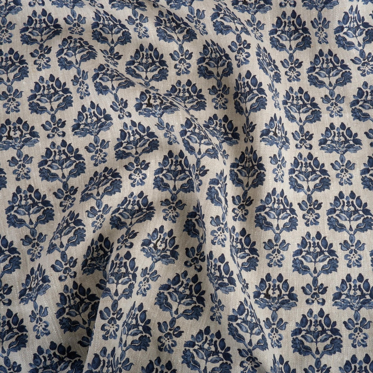 100% LINEN Fabric indigo blue block print - oatmeal neutral fabric with blue floral print - linen for upholstery home decor dressmaking 389