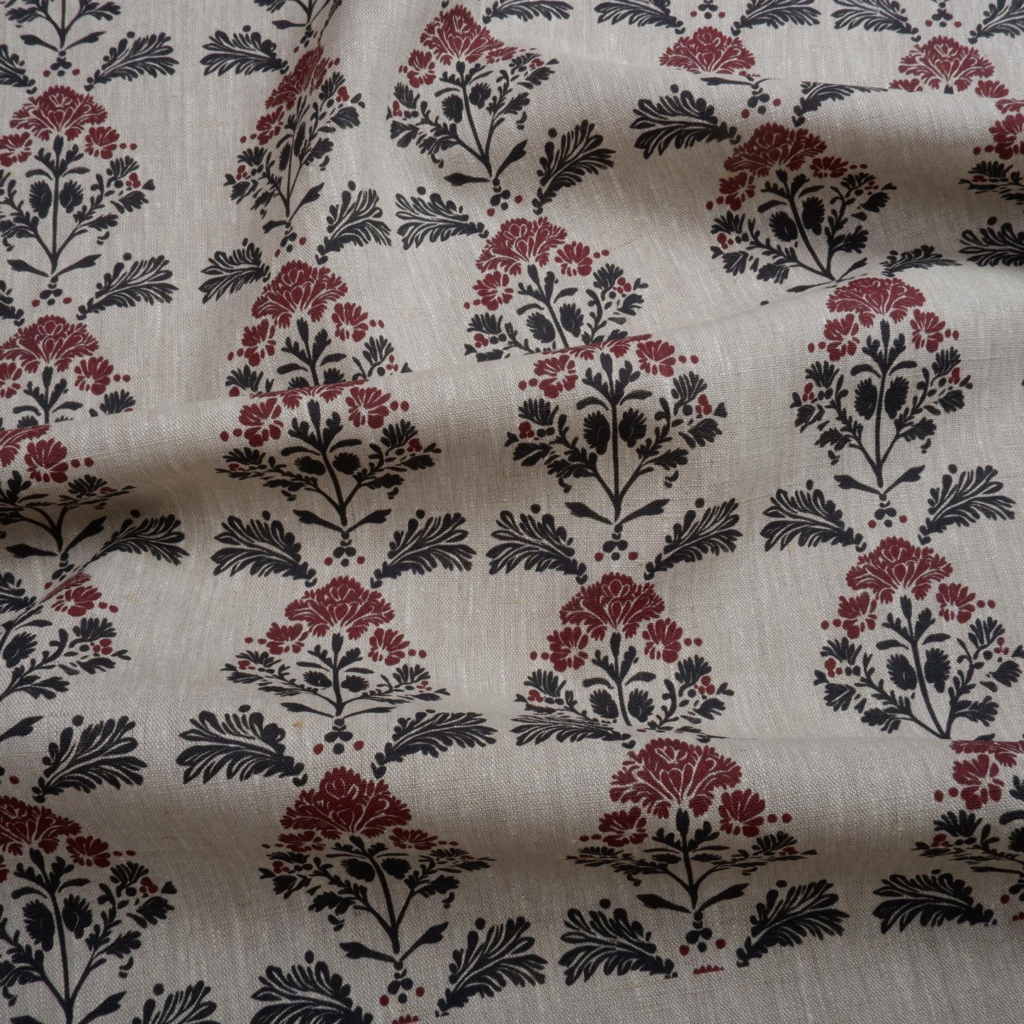 100% LINEN Fabric block print black red on grey | oatmeal linen fabric with floral print | linen fabric for upholstery home decor botanical