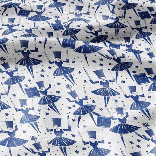 100% LINEN Fabric block print Drummers - blue white print - heavy linen fabric for upholstery home decor 2592