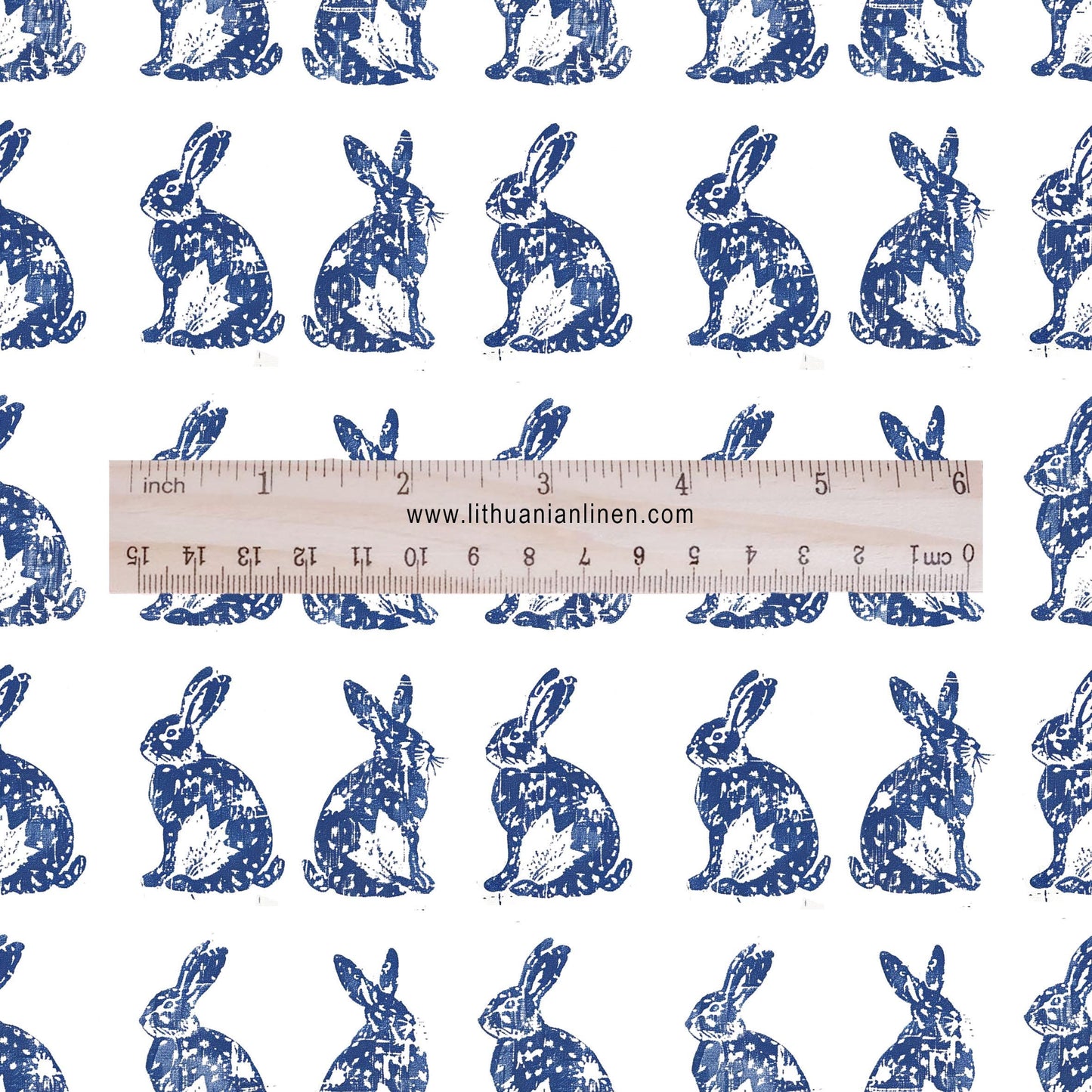 100% LINEN Fabric Rabbit indigo blue print - bunny linen fabric with blue coastal print for upholstery home decor 2427