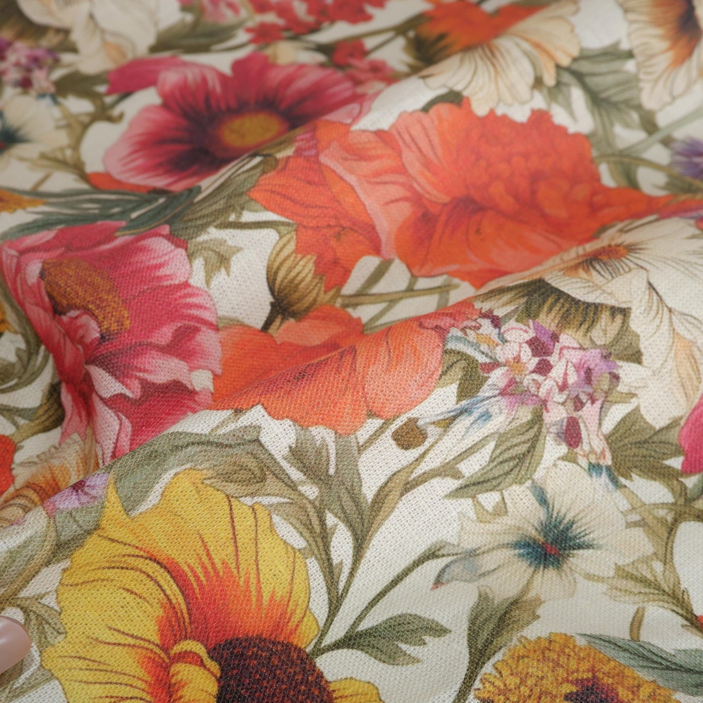 100% LINEN RED WILDFLOWERS floral print- white linen fabric with red poppies field print for upholstery home decor clothing