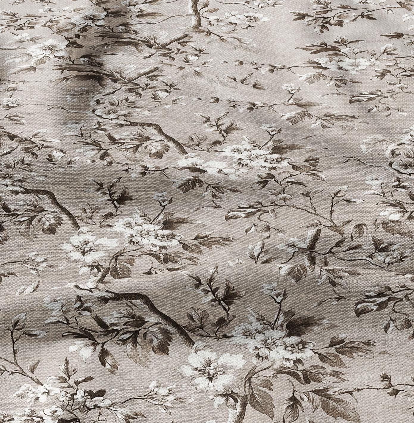 100% LINEN Fabric Toile de Jouy in beige brown, botanical flax fabric with French country Provence print for upholstery dressmaking clothing