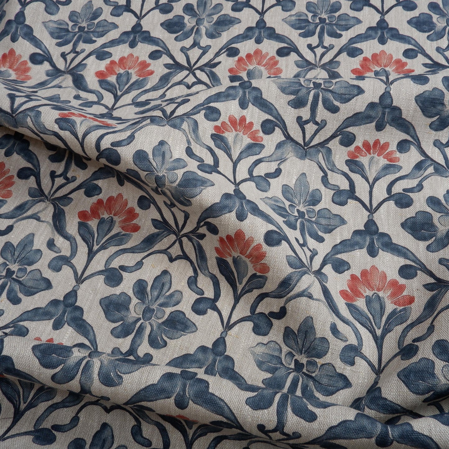 100% LINEN Fabric Portuguese Tile floral pattern on linen - floral botanical linen for upholstery home decor dressmaking clothing 2042