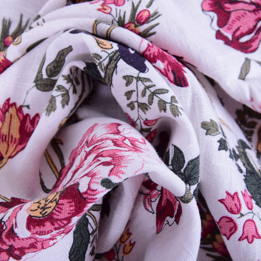 Peonny print on white linen fabric - 984Z