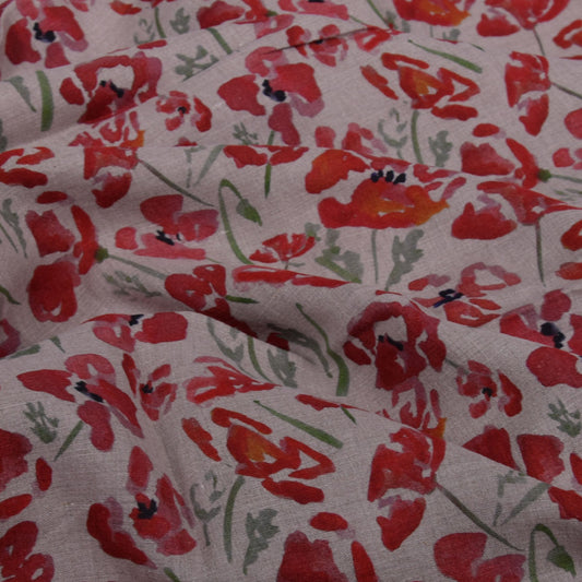 Red Poppy on natural - printed linen fabric - 051P