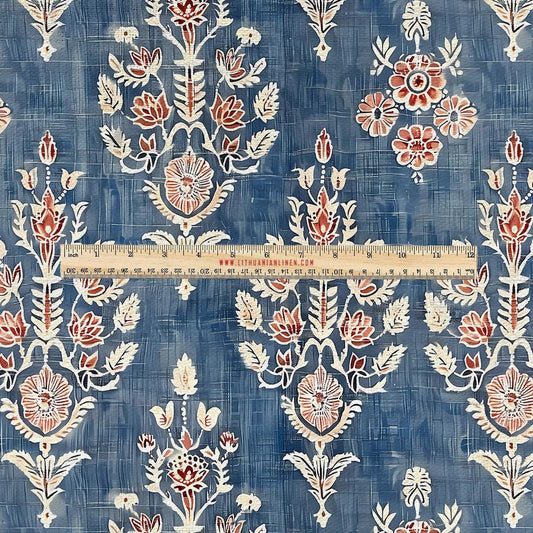 100% LINEN Fabric UPHOLSTERY 12oz - Blue red block print Indian large on white linen - Modern vintage Grandmillennial upholstery 322L