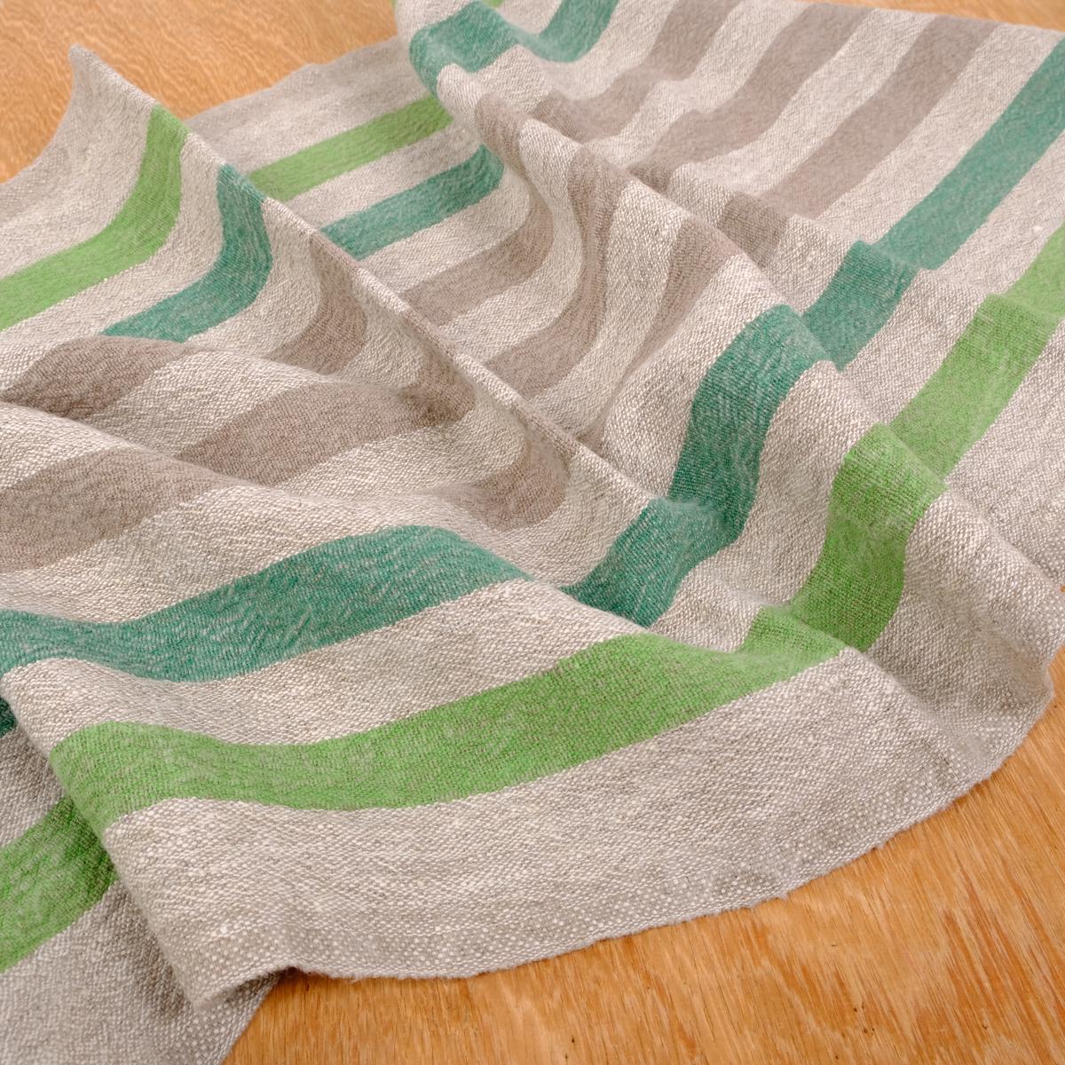 Green natur linen fabric - sack weave - French stripes - 038Z