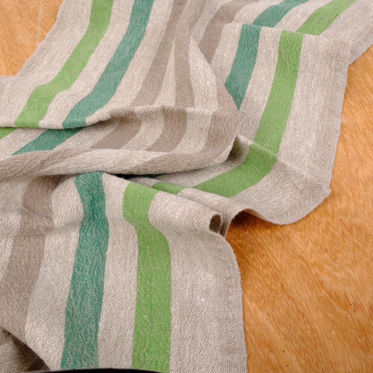 Green natur linen fabric - sack weave - French stripes - 038Z