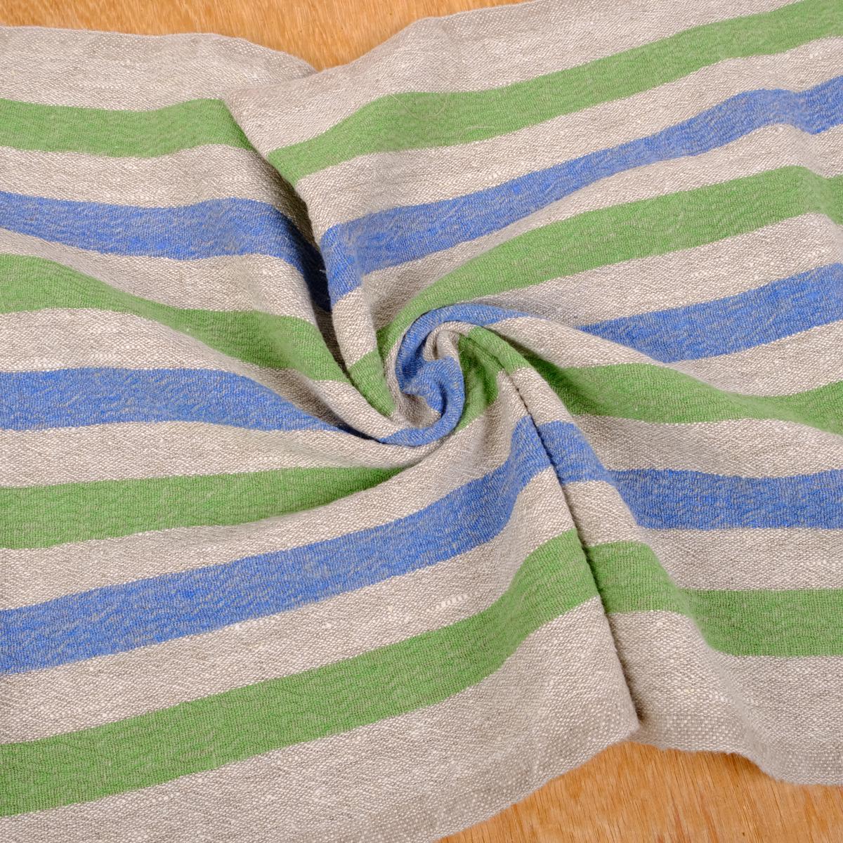 Green blue natur - sack weave - linen fabric - french stripes - 037Z