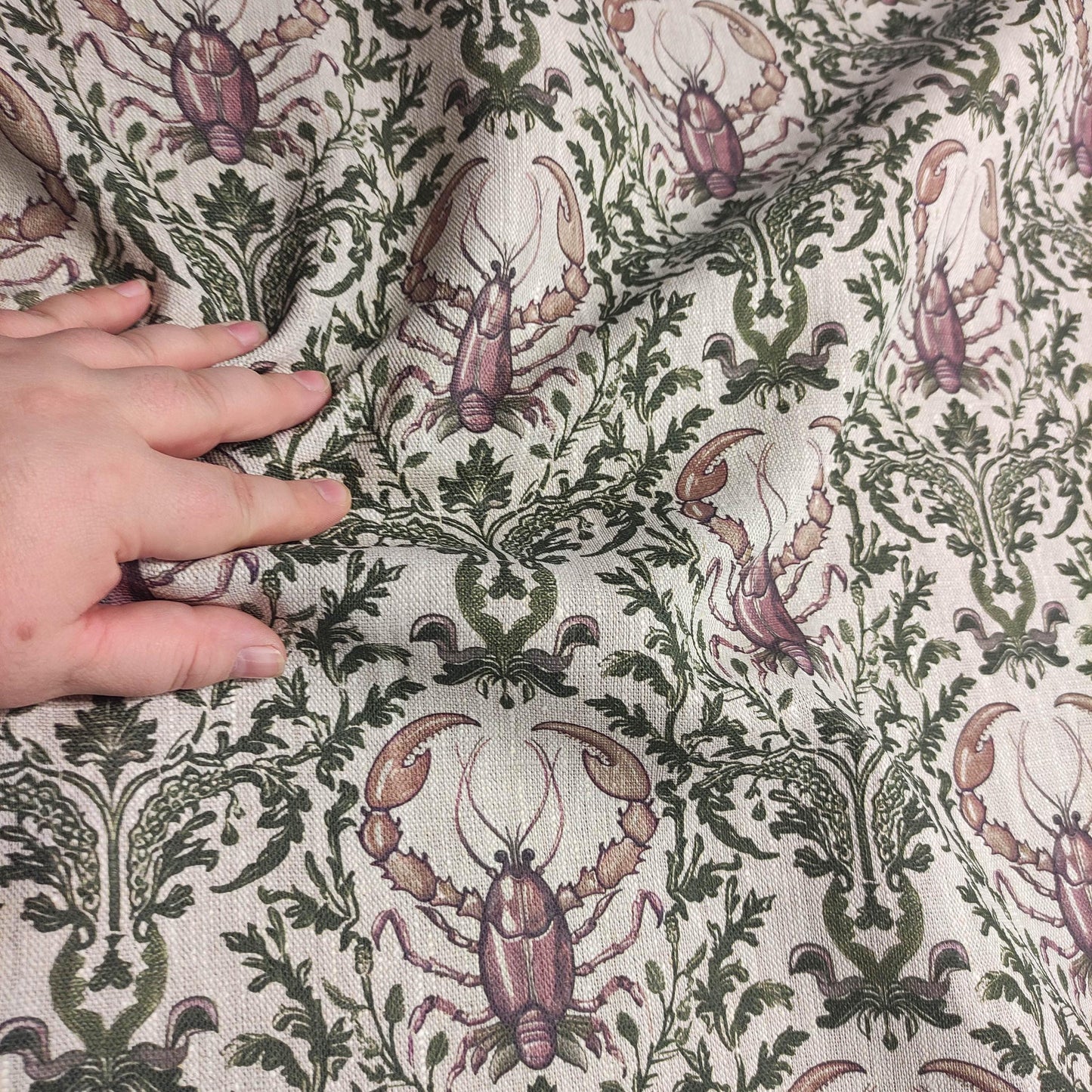 100% LINEN Fabric LOBSTER print, oatmeal linen fabric with green purple coastal print for upholstery home decor LOBSTER
