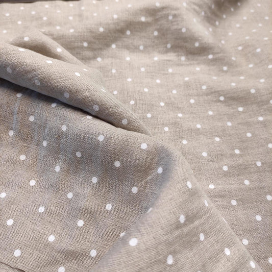 White Polka dot print on natural - linen fabric - 393P