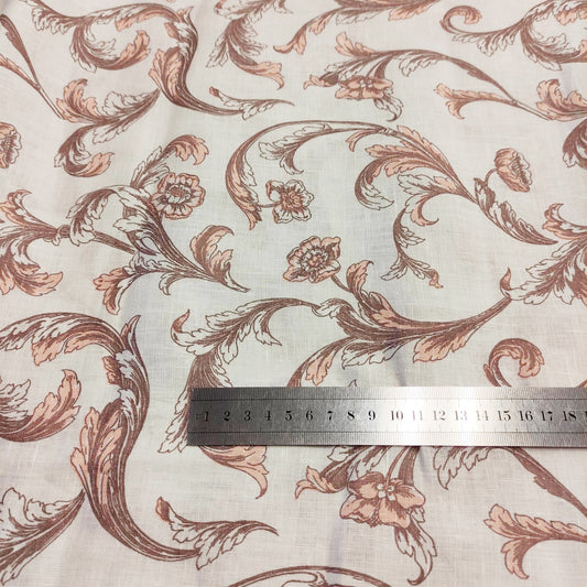 Brown floral on white linen - wide line fabric - 098P
