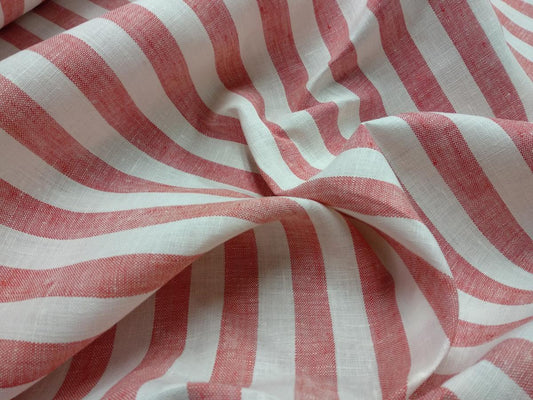 Striped white red - linen fabric - 223M