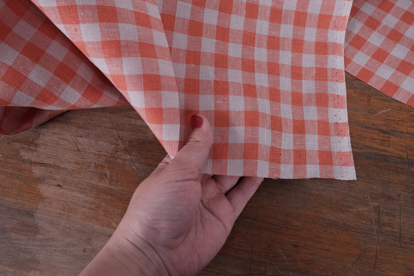 Classic orange grey check - linen fabric - 417M