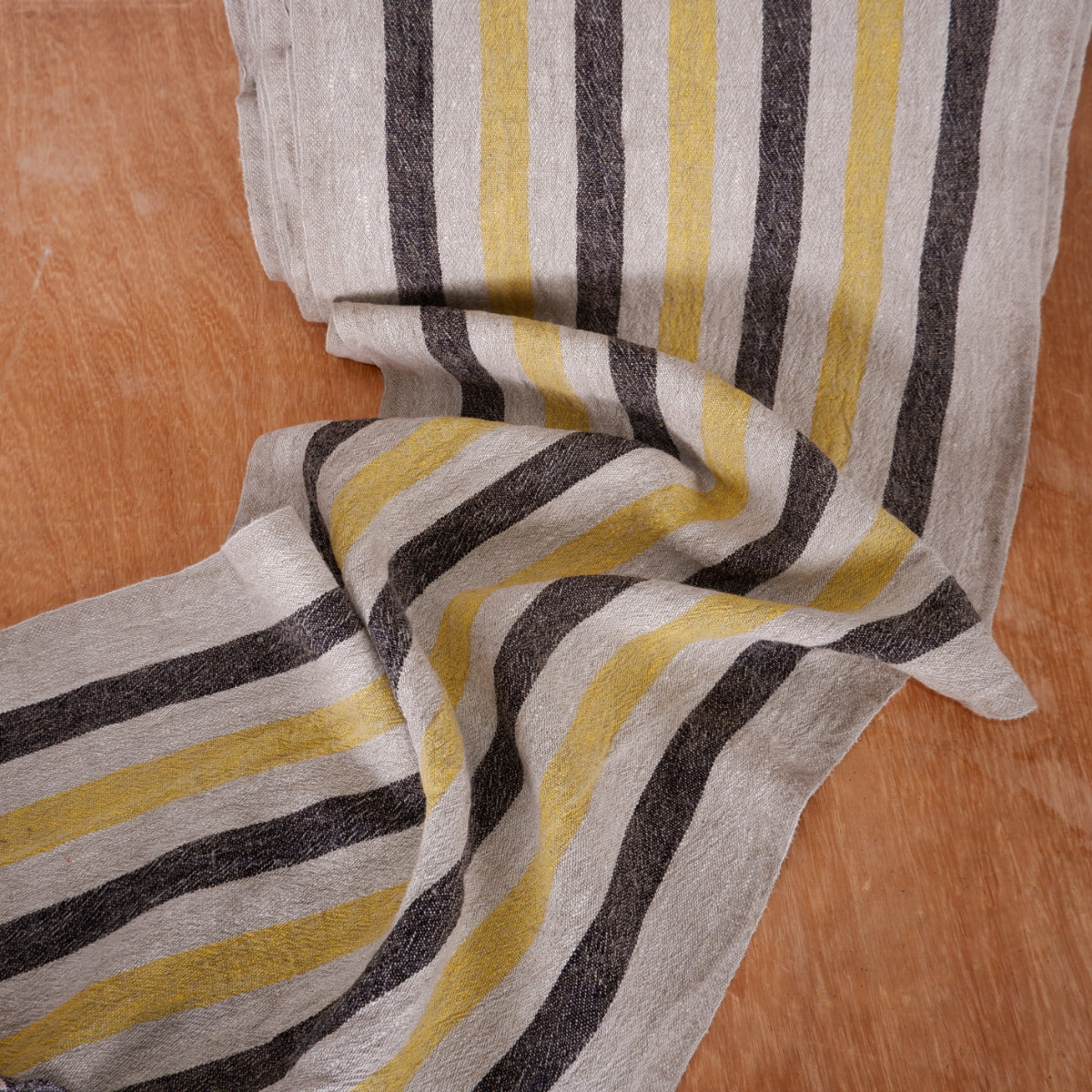 Yellow black natur - sack weave linen fabric - French stripes - 439A